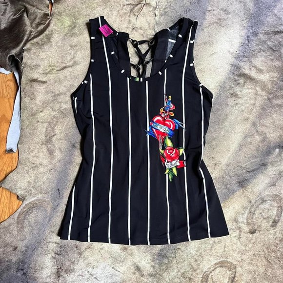 Y2k save the queen goth glam tattoo heart graphic striped corset back tank top - Picture 1 of 6